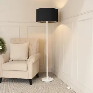 ValueLights Charles White Single Stem Floor Lamp with Black Drum Lamp Shade and LED Bulb