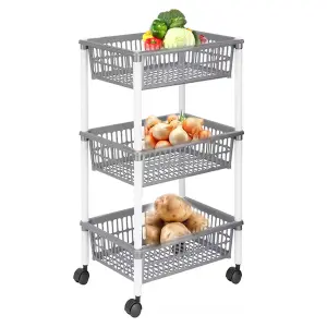 3 Sets Fruit, Veg, Onion & Potatoes Grey Plastic Trolley Basket On Wheels For Kitchens