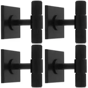 4 PACK - Reeded T Bar Cabinet Door Knob & Matching Backplate Lined Matt Black 40 x 40mm