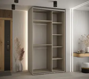 Elegant Dakota V Sliding Door Wardrobe W1400mm H2350mm D600mm with Mirrored Door in Cashmere & Black Finish