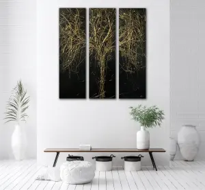 Original art, acrylic and metallic gold abstract sculptural wall art, black tree painting on 3 box canvas totalling 105cm wide x 1