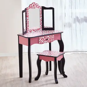 Teamson Kids Dressing Table, Play Vanity Set with Mirror & Stool - Pink/Black/Leopard Print