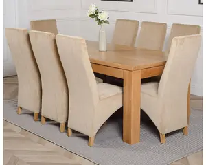 Dakota 182 x 92 cm Chunky Oak Large Dining Table and 8 Chairs Dining Set with Lola Beige Fabric Chairs