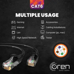 Oren CAT6 10m Outdoor Ethernet Cable LAN - Direct Burial - Patch Cord with RJ45 Connectors - High-Speed 1Gbps - Pure Copper 23 AWG