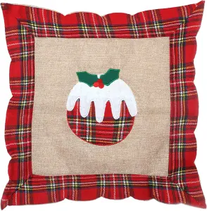 Hessian Home Bedroom Office Decorations Printed Pillow Covers Set of 4 Reindeer Snowman Robin andChristmas Pudding 40x40cm