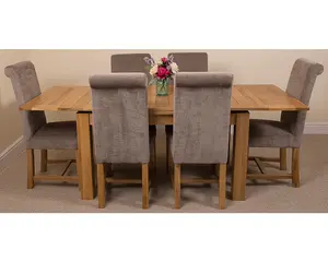 Richmond 140cm - 220cm Oak Extending Dining Table and 6 Chairs Dining Set with Washington Grey Fabric Chairs