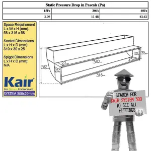 Kair 90 Degree Vertical Elbow Bend 308mm x 29mm - 12 x 1 inch Rectangular Plastic Ducting Adaptor