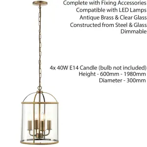 4 Light Hanging Ceiling Pendant Brass & Glass Lantern Shade Lamp Bulb Holder