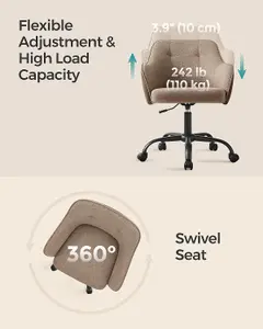 SONGMICS Swivel Office Chair, Desk Seating, Chic Makeup Vanity Style, Adjustable Height, Armrest Support, Walnut Brown