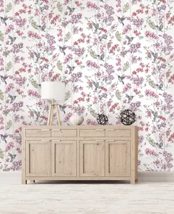 Holden Decor Glitter Humming Bird White/Multi Floral Bird Smooth Wallpaper