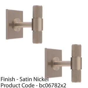 2 PACK - Reeded T Bar Cabinet Door Knob & Matching Backplate Lined Satin Nickel 40 x 40mm