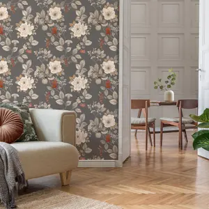 Belgravia Bramble Floral Charcoal Wallpaper Birds Leaves Flowers Feature Wall