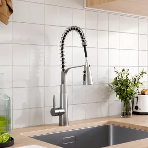 Pre-rinse Pull Down Kitchen Faucet Silver 304 Stainless Steel and Brass