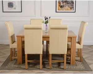 Dakota 152 x 87 cm Chunky Medium Oak Dining Table and 6 Chairs Dining Set with Washington Ivory Leather Chairs