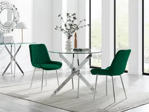 Furniturebox UK Novara 100cm Round  Dining Table and 2 Green Pesaro Silver Leg Chairs