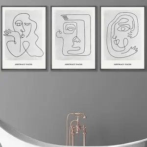 Set of 3 Grey Abstract Line Art Faces Wall Art Prints / 50x70cm / Dark Grey Frame