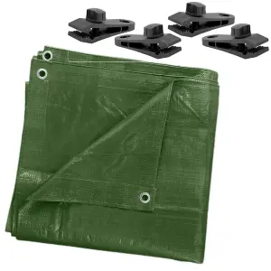 3 x 4 m Green Tarpaulin Waterproof Heavy Duty Cover Ground Sheet Camping Multipurpose Furniture Caravan with 4 Tarp Clips