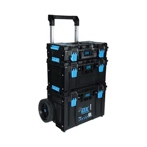 Ox Tooltrek 3 Piece Modular Deep Tool Box + Trolley Wheels + Shallow Box Set Up