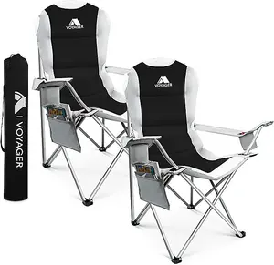 Voyager Garden Folding Black Chair  2 Pack  Cup Holder, Side Pockets , Fishing, Picnic Camping, Travel Comfort , Waterproof