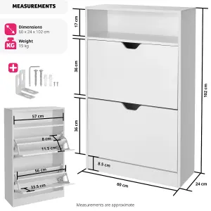 Shoe Cabinet Calea - 2 tilt compartments for 12 pairs of shoes, open shelf space - white