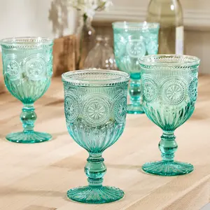 Set of 12 Vintage Luxury Turquoise Embossed Drinking Wine Glass Wine Goblets 290ml