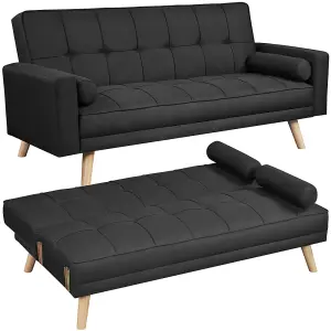 Yaheetech Black Fabric Upholstered 3 Seater Convertible Sofa Bed with Armrests and 2 Bolster Pillows