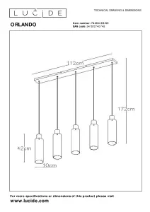 Lucide Orlando Modern Bar Pendant Light - 5xE27 - Smoke Grey