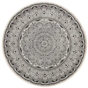 Round Cotton Area Rug Mandala Pattern 120 cm Black and Cream HIZAN