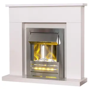 Adam Lomond White Marble Fireplace with Helios Electric Fire in Brushed Steel, 39 Inch