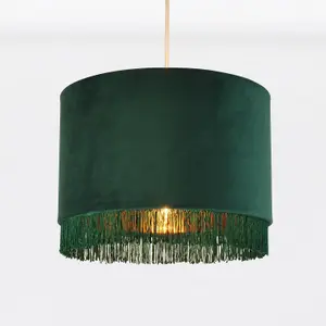 First Choice Lighting Spruce Green Velvet With Gold Inner Tassled Light Shade