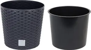 Round Planter Plant Flower Pot Outdoor Garden Weatherproof with Insert Rattan Anthracite  30cm - 15 Litres