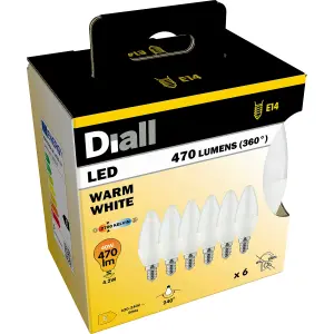 Diall E14 4.2W 470lm Frosted Candle Warm white LED Light bulb, Pack of 6