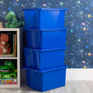 Wham 4x Stack & Store 35L Blue Plastic Storage Boxes. Home, Office, Classroom, Playroom, Toys, Books. L48 x W38 x H26cm