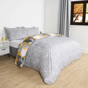 Duvet Cover Bedding Set Pillowcase Geometric Reversible Quilt, Ochre - Superking