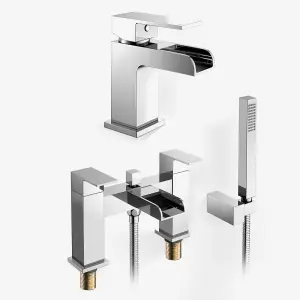 Nes Home Ozone Modern Chrome Waterfall Set Of Bath Mixer Tap With Pencil Handset And Basin Mixer Tap + Waste