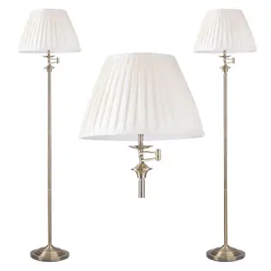 First Choice Lighting Set of 2 Antique Brass Swing Arm Floor Lamps with White Pleated Shades