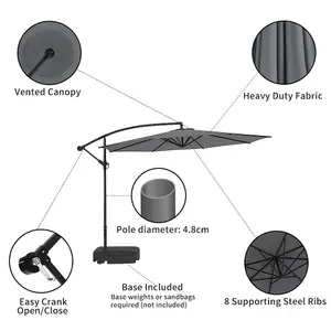 3M Outdoor Dark Grey Cantilever Crank Tilt Swivel Banana Umbrella Sunshade with 60L Fillable Base