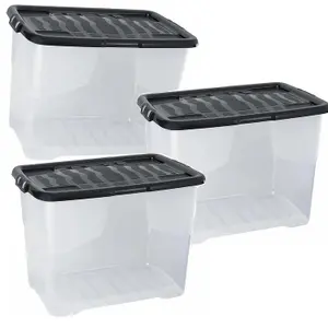 3 x 80 Litres Clear Transparent Base Curve Storage Containers With Black Lids For Home & Office