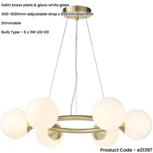 Multi Arm Hanging Ceiling Pendant Light - Satin Brass Plate & Gloss White Glass Shade - 6 x 3W LED G9