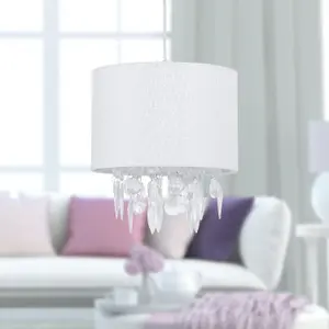 First Choice Lighting Set of 2 Fiji White Linen with Silver Fleck Detail Jewelled Pendant Shades