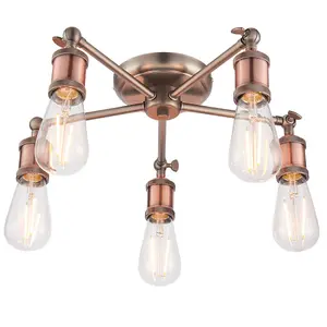 Semi Flush Ceiling Light Aged Copper 5 Lamp Adjustable Vintage Hanging Pendant