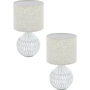 2 PACK Table Lamp White Patterned Base Shade Light Brown Fabric Linen E27 1x40W