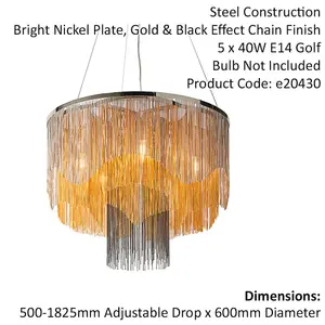 Multi Arm Ceiling Pendant Light - Polished Nickel - Gold & Black Waterfall Chain