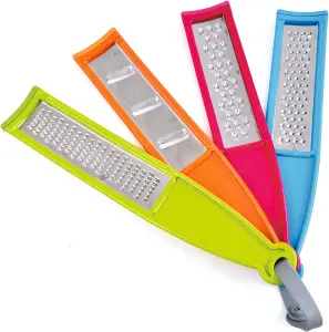 4x Colourful Food Graters with Non-Slip Feet - Flat Stainless Steel Grater and Zester Kitchen Accessory Set - 29cm x 5.5cm