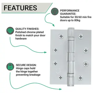 EAI - 4" Door Hinges & Screws G11 FD30/60  - 102x76x2.7mm Square - Polished Chrome