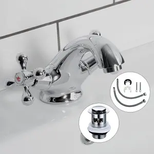 Bristan Penridge Cross Handle Traditional Basin Mixer Tap Chrome + Clicker Waste