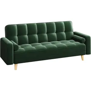 Yaheetech Green Velvet 3 Seater Convertible Sofa Bed with Armrests and 2 Bolster Pillows