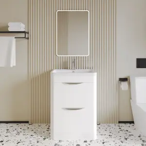 Floor Standing 2 Drawer Vanity Unit with Polymarble Basin - 600mm - Gloss White