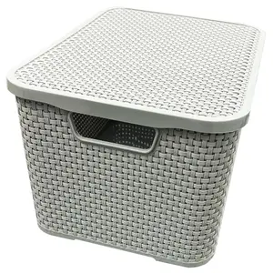 2 x Nature Inspired Light Grey Home & Office Rattan Effect Storage Baskets With Lids