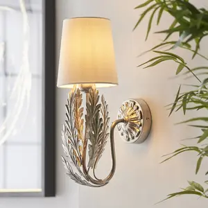 Ornate Silver Wall Light Fitting & Ivory Cotton Shade Decorative Leaf Design